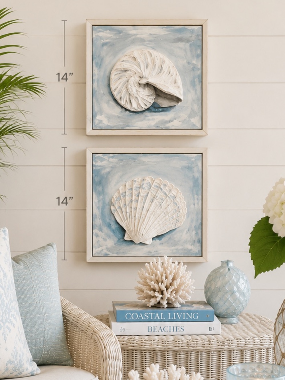 Coastal Wall Art Set of 2 Framed Nautilus & Scallop Beach House Decor 14” x 11